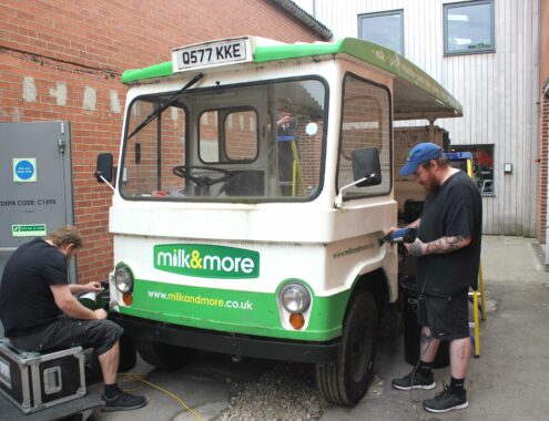 Midwich cuckoos milk float old branded graphic removal