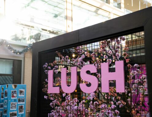 Lush candy pink logo on mesh with cherry blossom